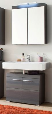 Bad Möbel Set grau Hochglanz Badezimmer Spiegelschrank Unterschrank Amanda 60 cm