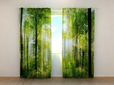 Fotogardinen "Lange Sonnenstrahlen im Wald" Vorhang mit 3D Fotodruck, Maßanfertigung