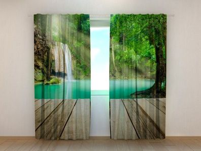 Fotogardinen "Holzterrasse am Waldsee" Vorhang mit 3D Fotodruck, Maßanfertigung