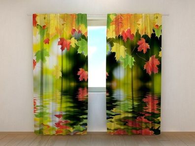 Fotogardinen "Herbstblätter auf dem Wasser" Vorhang mit 3D Fotodruck, Maßanfertigung