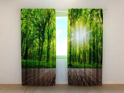 Fotogardinen "Holzterrasse im Wald" Vorhang mit 3D Fotodruck, Maßanfertigung