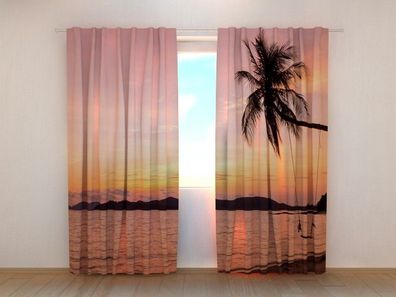 Fotogardinen "Sonnenuntergang am Palmenstrand" Vorhang mit 3D Fotodruck, auf Maß