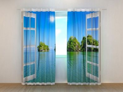 Fotogardinen "Fensterblick zum Ozean" Vorhang mit 3D Fotodruck, Maßanfertigung