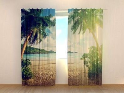Fotogardinen "Sonnenuntergang auf Seyshellen" Vorhang mit 3D Fotodruck, auf Maß