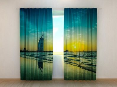 Fotogardinen "Burj al Arab bei Sonnenuntergang" Vorhang mit 3D Fotodruck, auf Maß