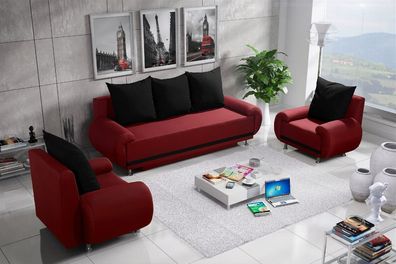 Sofa Set MIKA 3-1-1 Sofagarnitur in Polyesterstoff Rot / Schwarz