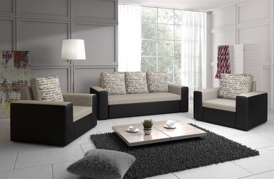 Sofa Set LEEDS 3-1-1 Sofagarnitur in Kunstleder-Webstoff Schwarz/ Beige