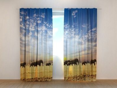 Fotogardinen "Elefanten in Savanne" Vorhang mit 3D Fotodruck, Maßanfertigung