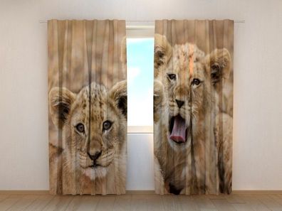Fotogardinen "Zwei Löwenjungen" Vorhang mit 3D Fotodruck, Maßanfertigung