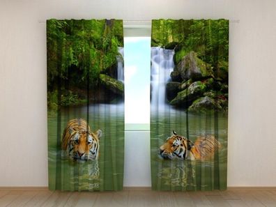 Fotogardinen "Tiger am Sommerwasserfall" Vorhang mit 3D Fotodruck, Maßanfertigung