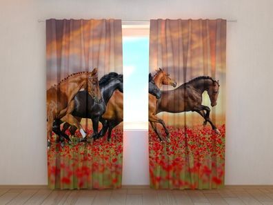 Fotogardinen "Pferde im Mohnblumenfeld" Vorhang mit 3D Fotodruck, Maßanfertigung