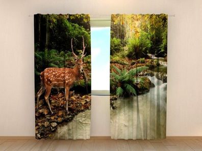 Fotogardinen "Rehe am Flussufer" Vorhang mit 3D Fotodruck, Maßanfertigung