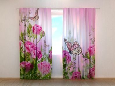 Fotogardinen "Schmetterlinge und Rosen" Vorhang mit 3D Fotodruck, Maßanfertigung