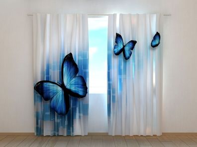 Fotogardinen "Blaue Schmetterlinge" Vorhang mit 3D Fotodruck, Maßanfertigung