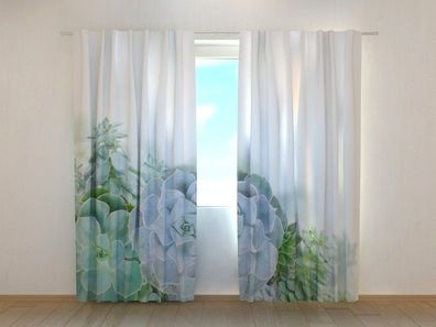 Fotogardinen "Blau-grüne Blumen" Vorhang mit 3D Fotodruck, Maßanfertigung