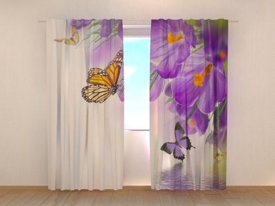 Fotogardinen "Krokusse und Schmetterlinge" Vorhang mit 3D Fotodruck, Maßanfertigung