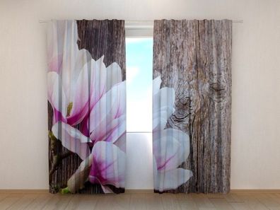Fotogardinen "Magnolien auf dem Holz" Vorhang mit 3D Fotodruck, Maßanfertigung