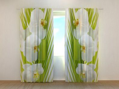 Fotogardinen "Weisse Orchideen und Palmenzweige" Vorhang mit 3D Fotodruck, auf Maß