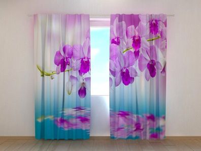 Fotogardinen "Lila Orchideen Wasserspiegelung" Vorhang mit 3D Fotodruck, auf Maß