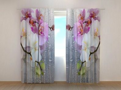 Fotogardinen "Orchideen und Regen" Vorhang mit 3D Fotodruck, Maßanfertigung