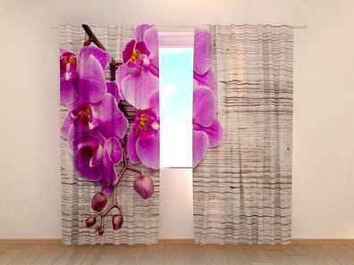 Fotogardinen "Orchideen und helles Holz" Vorhang mit 3D Fotodruck, Maßanfertigung