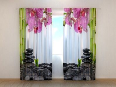 Fotogardinen "Orchideen Bambus und Steine" Vorhang mit 3D Fotodruck, Maßanfertigung