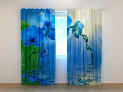 Fotogardinen "Blaue Orchideen Wasserspiegelung" Vorhang mit 3D Fotodruck, auf Maß