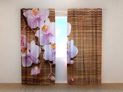 Fotogardinen "Orchideen und dunkles Holz" Vorhang mit 3D Fotodruck, Maßanfertigung