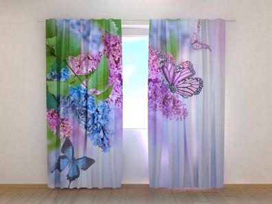 Fotogardinen "Flieder und Schmetterlinge" Vorhang mit 3D Fotodruck, Maßanfertigung