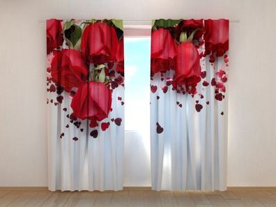 Fotogardinen "Rosen und Herzen" Vorhang mit 3D Fotodruck, Maßanfertigung