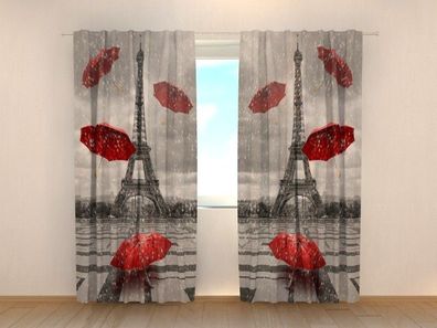 Fotogardinen "Rote Regenschirme in Paris" Vorhang mit 3D Fotodruck, Maßanfertigung