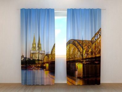 Fotogardinen "Köln am Abend" Vorhang mit 3D Fotodruck, Maßanfertigung