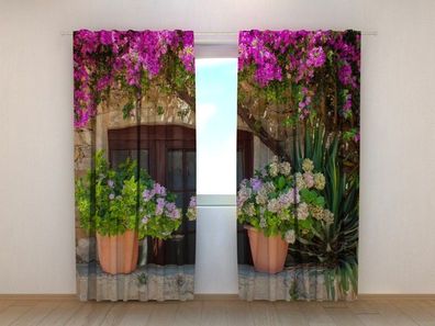 Fotogardinen "Wand mit Topfblumen" Vorhang mit 3D Fotodruck, Maßanfertigung