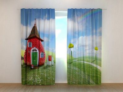 Fotogardinen "Erdbeerhaus" Vorhang mit 3D Fotodruck, Maßanfertigung
