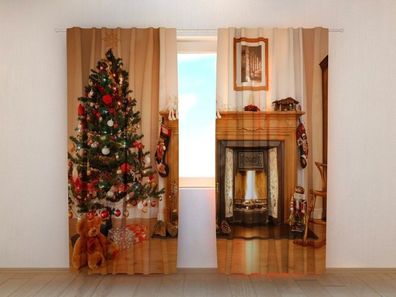 Fotogardinen "Kamin am Weihnachten" Vorhang mit 3D Fotodruck, Maßanfertigung