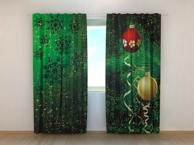 Fotogardinen "Zweig mit Weihnachtskugeln" Vorhang mit 3D Fotodruck, Maßanfertigung