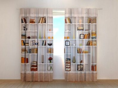 Fotogardinen "Weisses Bücherregal" Vorhang mit 3D Fotodruck, Maßanfertigung