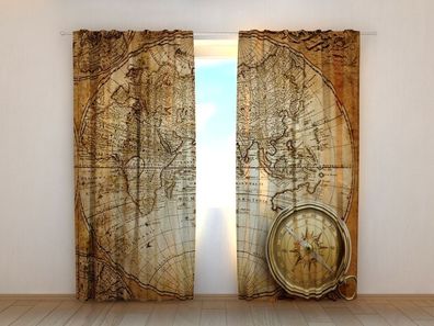 Fotogardinen "Alte Weltkarte mit Kompass" Vorhang mit 3D Fotodruck, Maßanfertigung