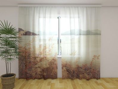 Gardinen aus Chiffon "Gras und Berge" Vorhang mit 3D Fotodruck, Maßanfertigung