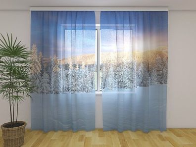 Gardinen aus Chiffon "Sonnenaufgang im Winter" Vorhang mit 3D Fotodruck, auf Maß