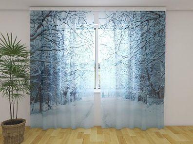 Gardinen aus Chiffon "Abend im Winterwald" Vorhang mit 3D Fotodruck, auf Maß