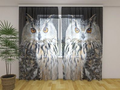 Gardinen aus Chiffon "Aufmerksame Eulen" Vorhang mit 3D Fotodruck, Maßanfertigung