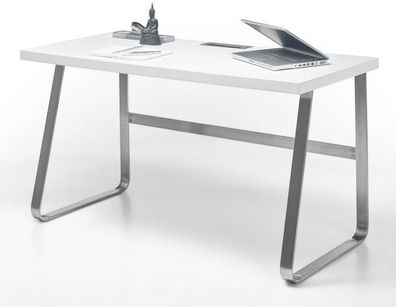 Schreibtisch weiß matt Lack und Edelstahl Computer Laptop Büro Tisch Beno 140 cm