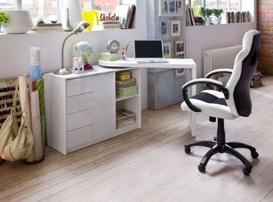 Schreibtisch weiß Hochglanz Büro Laptoptisch schwenkbar ausziehbar 108 - 166 cm Matt