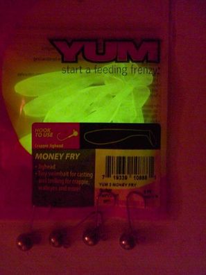 9 Stk YUM Money Fry incl. Jig 5 cm Gummifisch made in USA supersoft mit Fischöl