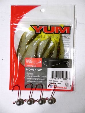 9 Stk "Chak on a Chain" YUM Money Fry incl. Jigs 5 cm aus den USA mit Fischöl