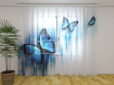 Gardinen aus Chiffon "Blaue Schmetterlinge" Vorhang mit 3D Fotodruck, Maßanfertigung