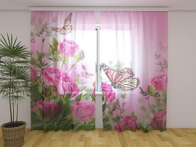 Gardinen aus Chiffon "Schmetterlinge und Rosen" Vorhang mit 3D Fotodruck, auf Maß