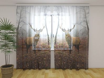 Gardinen aus Chiffon "Rehe im Wald" Vorhang mit 3D Fotodruck, Maßanfertigung