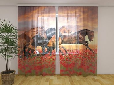 Gardinen aus Chiffon "Pferde im Mohnblumenfeld" Vorhang mit 3D Fotodruck, auf Maß